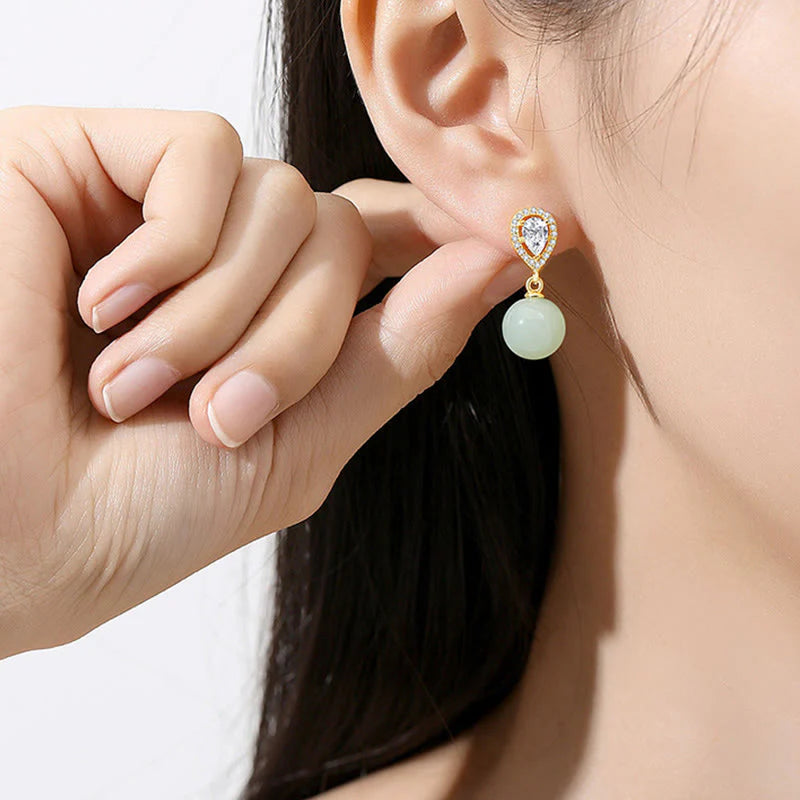 Buddha Stones 925 Sterling Silver Waterdrop Design Hetian Jade Bead Prosperity Earrings