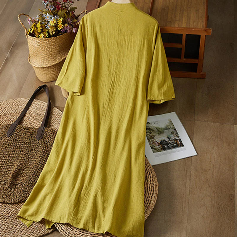 Buddha Stones Vintage Embroidery Frog-button Half Sleeve High Waist Cotton Linen Women's Midi Dress
