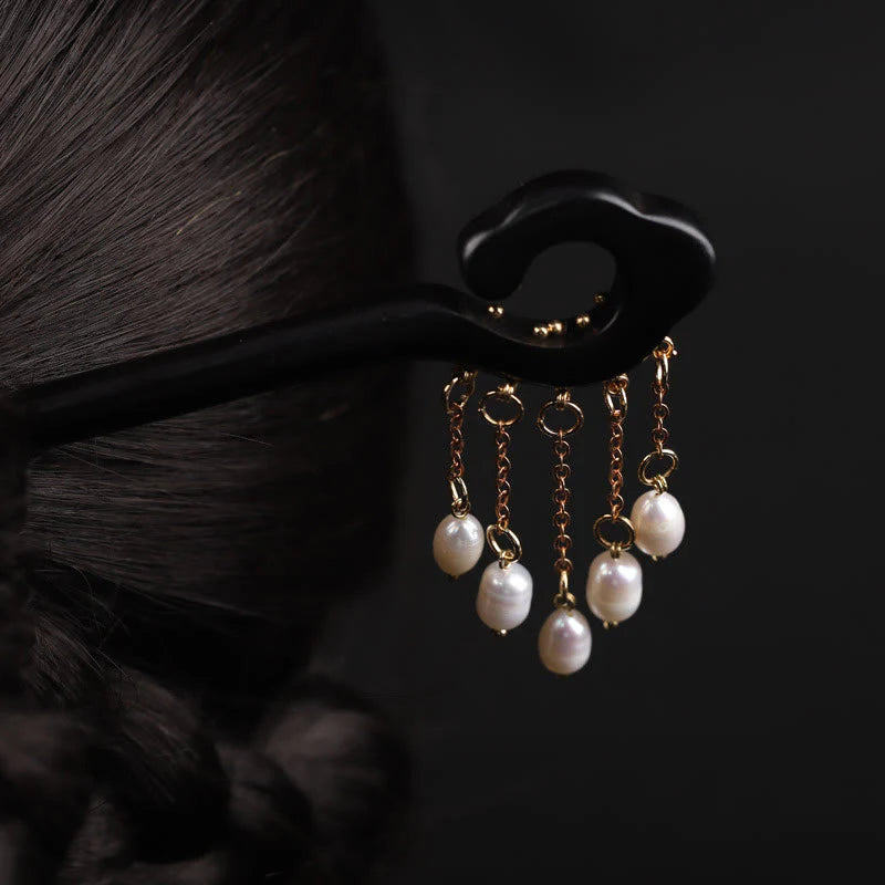 Buddha Stones Ebony Auspicious Cloud Pearl Tassel Protection Hairpin