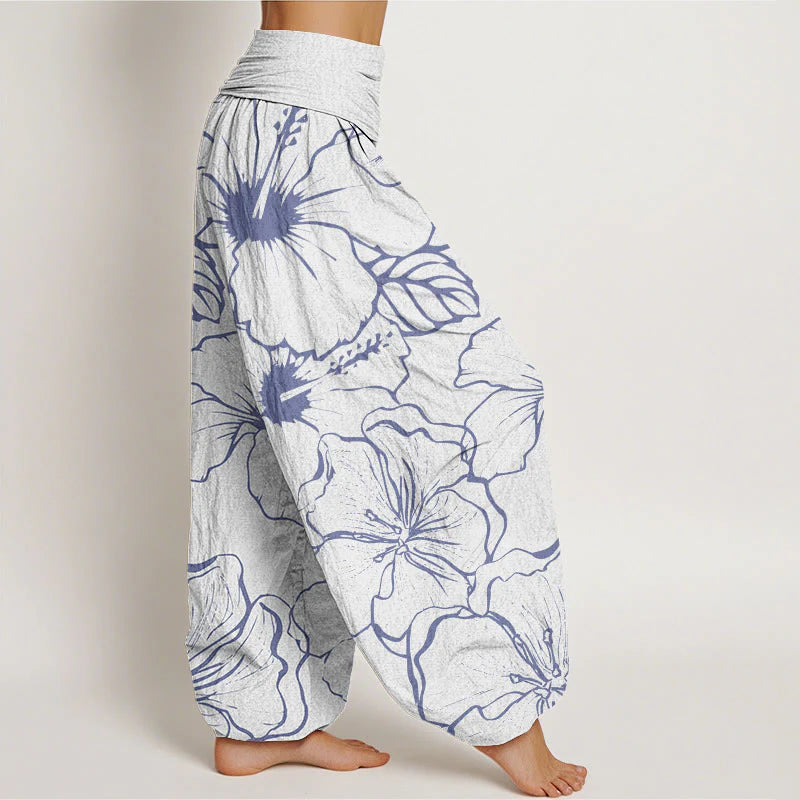 Buddha Stones Cotton Morning Glory Flowers Pattern Design Women's Elastic Waist Harem Pants