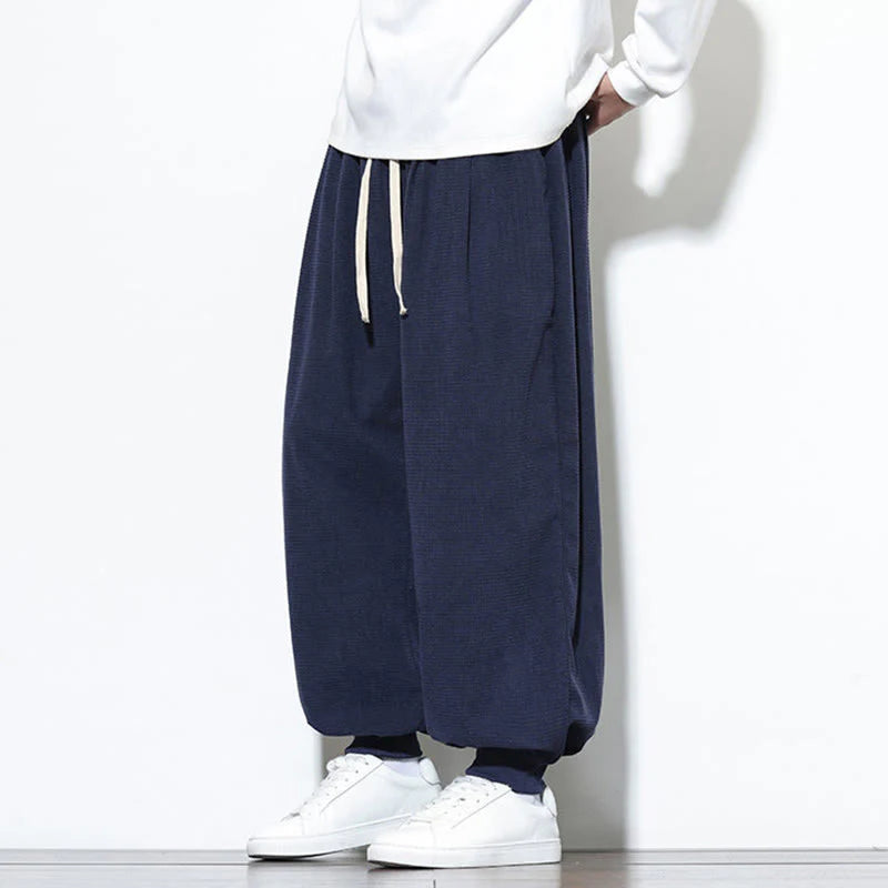 Buddha Stones Fall Plain Drawstring Simple Design Men's Harem Cotton Corduroy Pants With Pockets