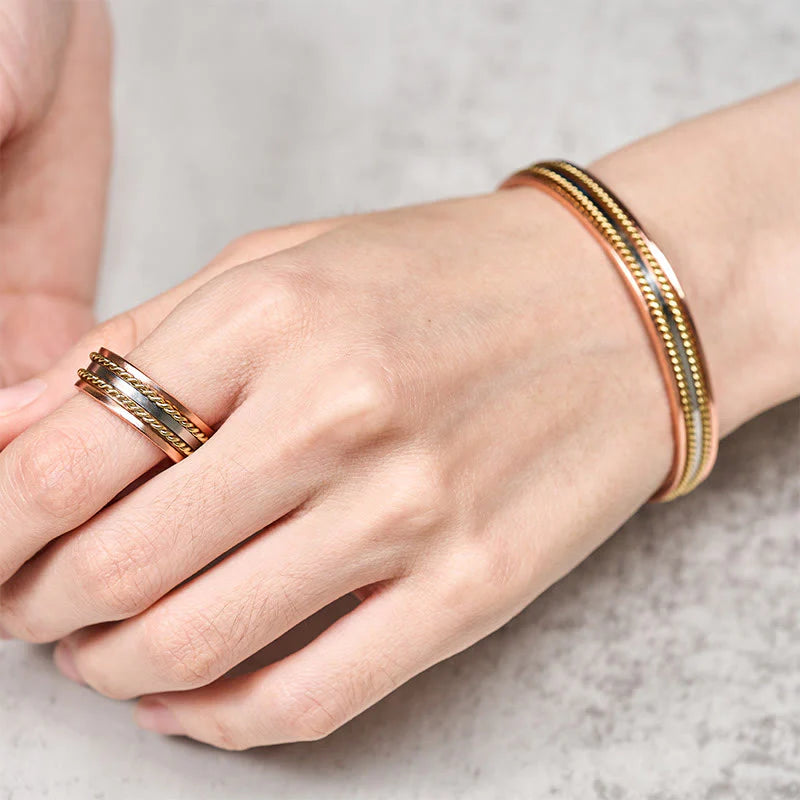 Buddha Stones Retro Twisted Design Copper Open Wealth Luck Cuff Bracelet Bangle Ring