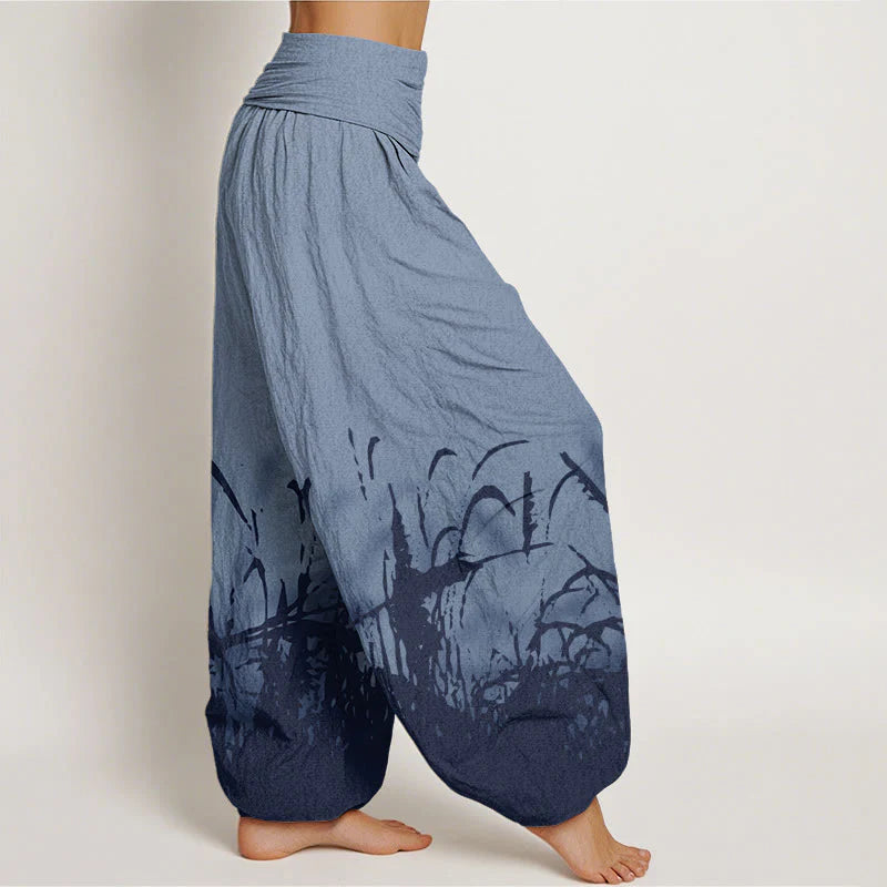 Buddha Stones Cotton Wild Grass Pattern Women's Elastic Waist Harem Pants