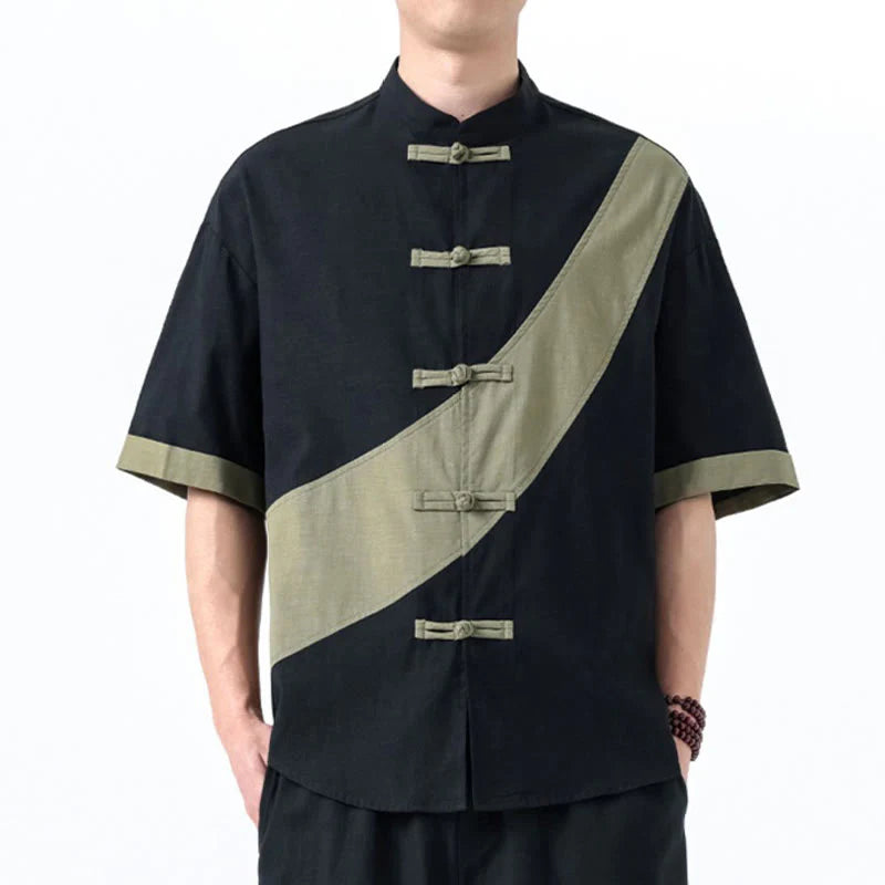 Buddha Stones Spring Color Contrast Chinese Frog-Button Design Men's Half Sleeve Cotton Linen Shirt