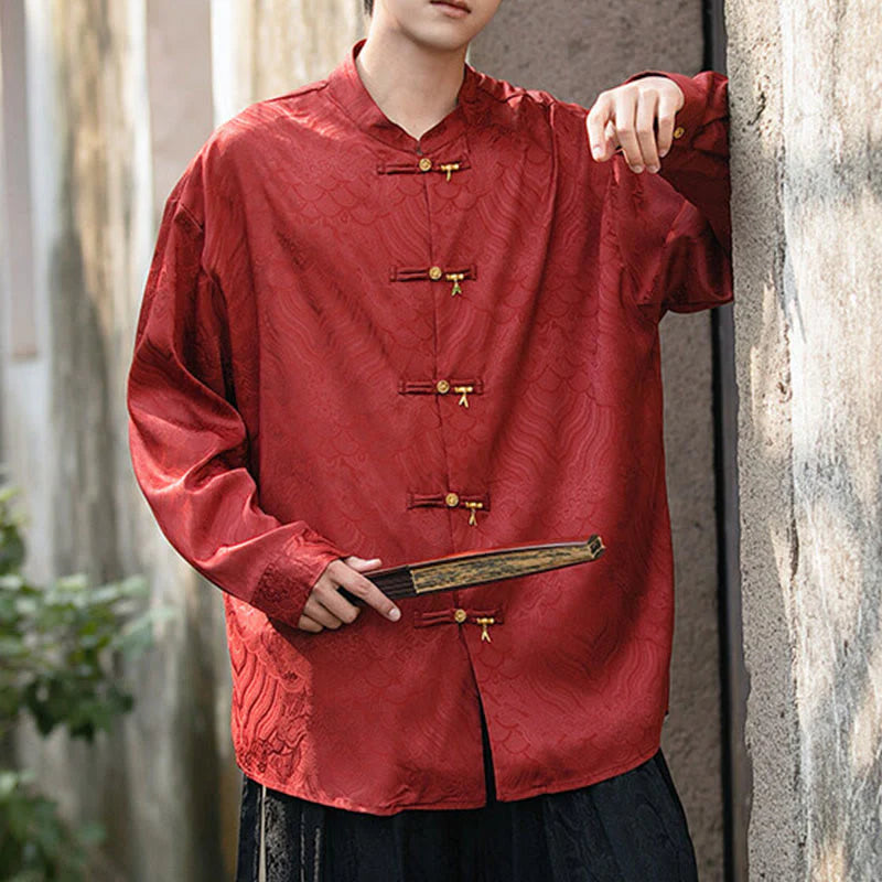 Buddha Stones Chinese Frog-Button Bamboo Shape Design Stand Collar Men's Long Sleeve Shirt