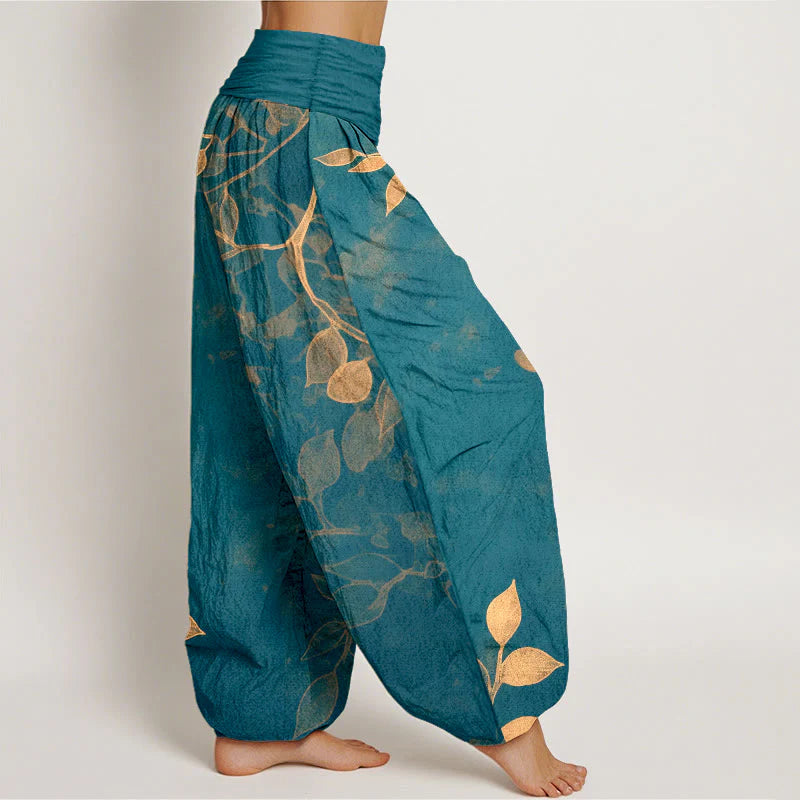 Buddha Stones Pure Cotton Softly Colored Leaves Pattern Women's Elastic Waist Harem Pants
