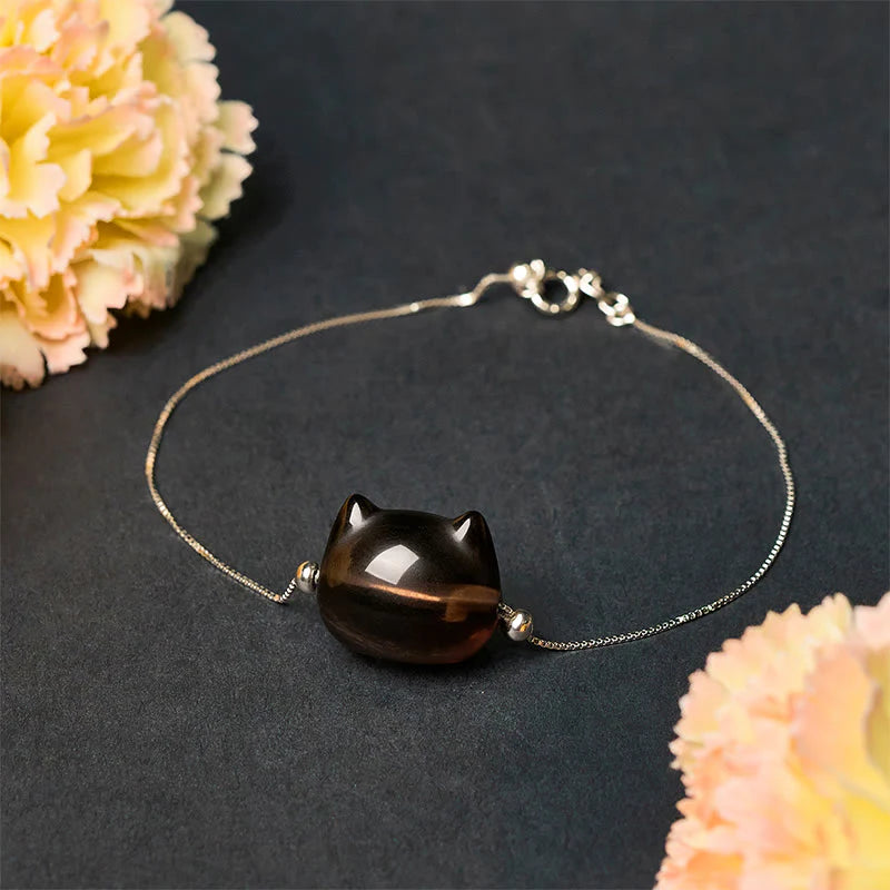 Buddha Stones 925 Sterling Silver Cat Natural Ice Obsidian Positive Bracelet