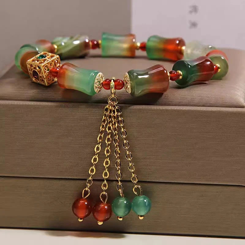 Buddha Stones Colorful Peacock Agate Bamboo Beads Tassel Courage Bracelet