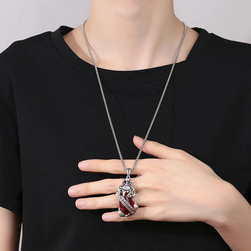 Buddha Stones PiXiu Garnet Copper Coin Wealth Luck Necklace Pendant