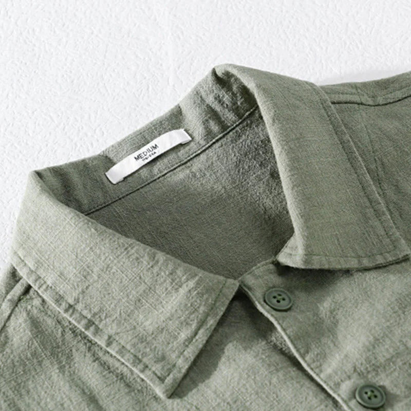 Buddha Stones Commute Fall Solid Color Lapel Men's Long Sleeve Cotton Linen Shirt With Pocket
