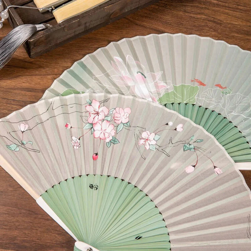 Buddha Stones Jasmine Lotus Begonia Flowers Handheld Bamboo Folding Fan (Extra 30% Off | USE CODE: FS30)