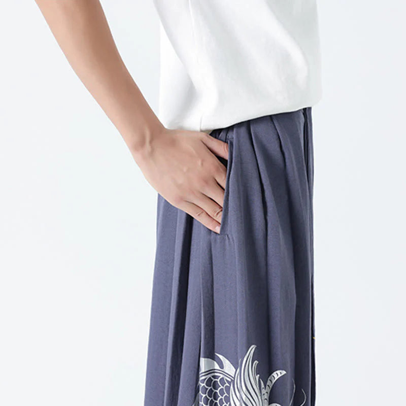 Buddha Stones Summer Dragon Drawstring Design Cotton Ankle-Length Men's Wide Leg Pants With Pockets