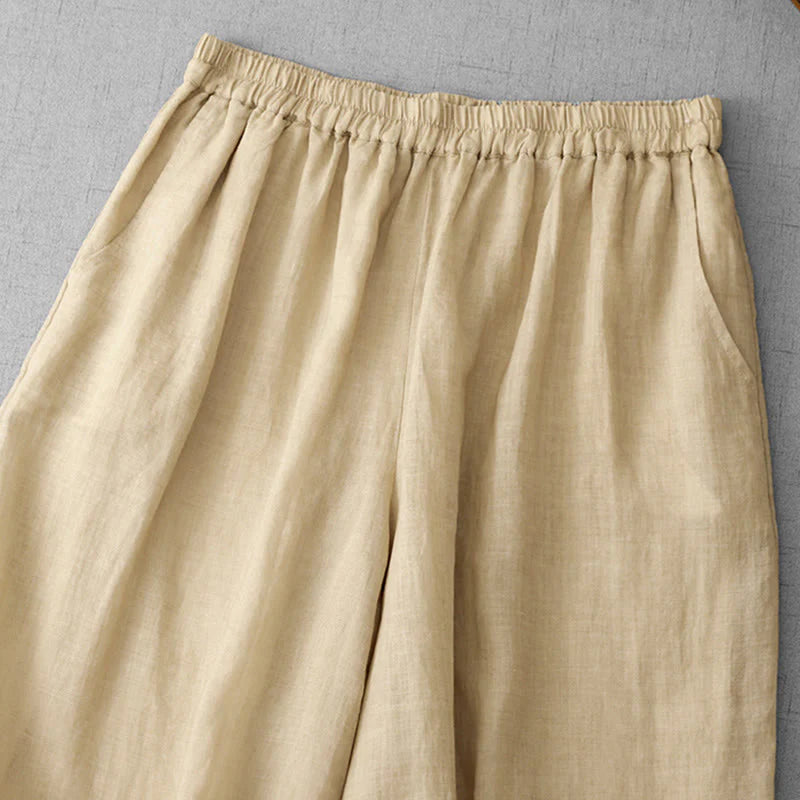 Buddha Stones Commute Solid Color Lace Embroidery Design Cotton Women's Wide Leg Cropped Pants With Pockets