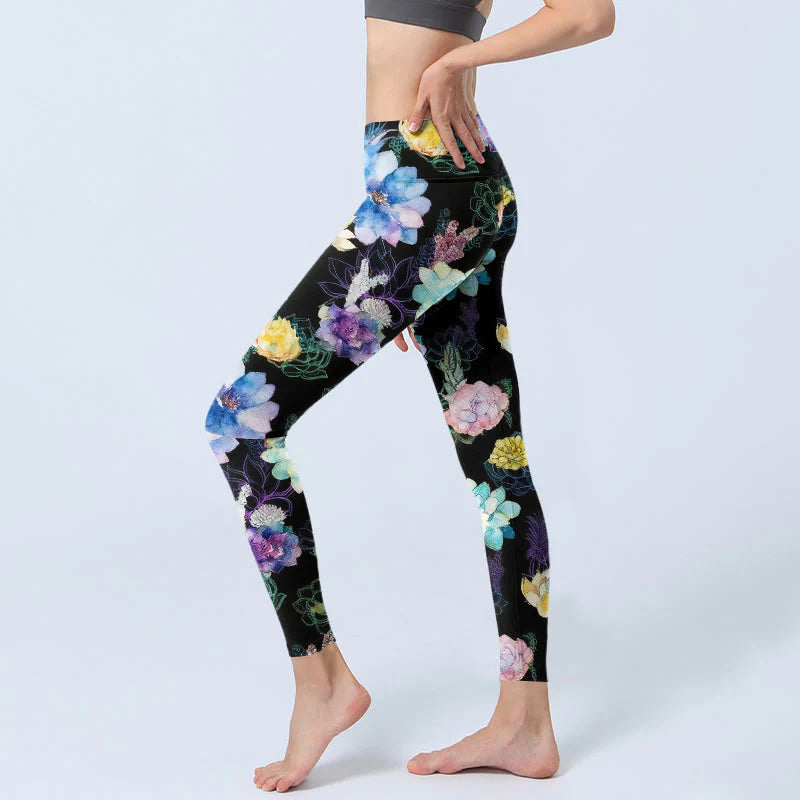 Buddha Stones Colorful Watercolor Style Flower Pattern Print Gym Leggings Women's Yoga Pants