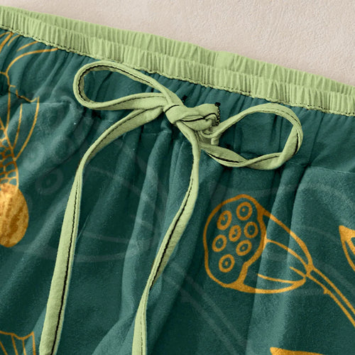 Buddha Stones Cotton Casual Lotus Leaf Koi Fish Pattern Women's Elastic Waist Pants With Pockets