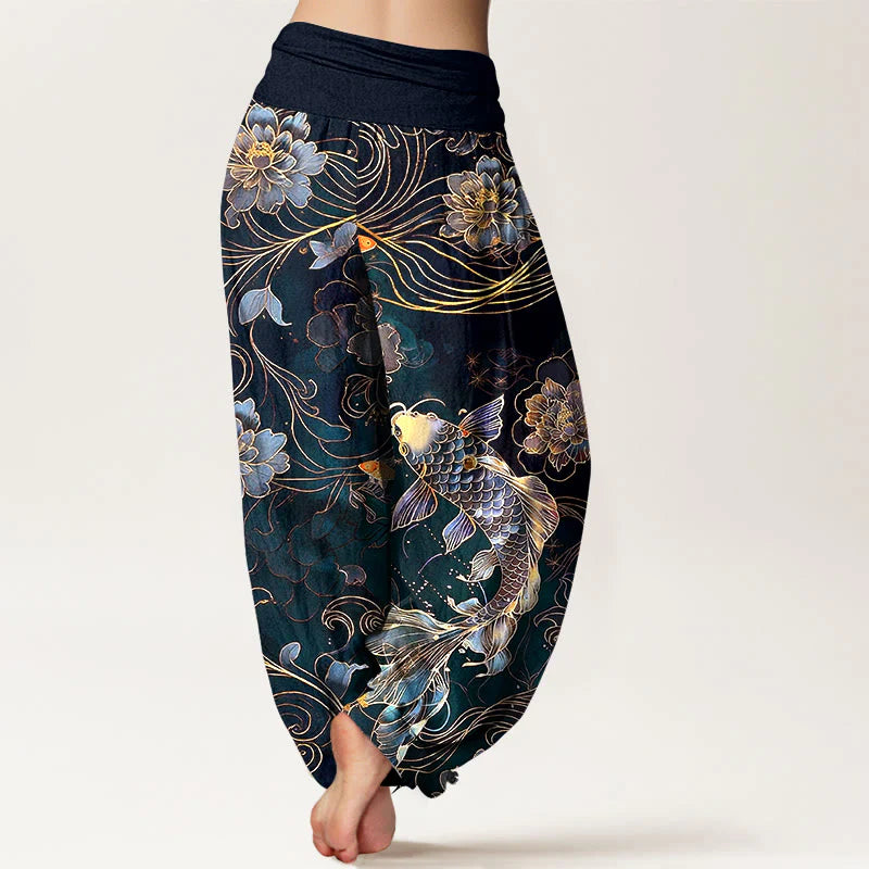 Buddha Stones Pure Cotton Dreamlike Koi Fish Peony Curve Pattern Women's Elastic Waist Harem Pants