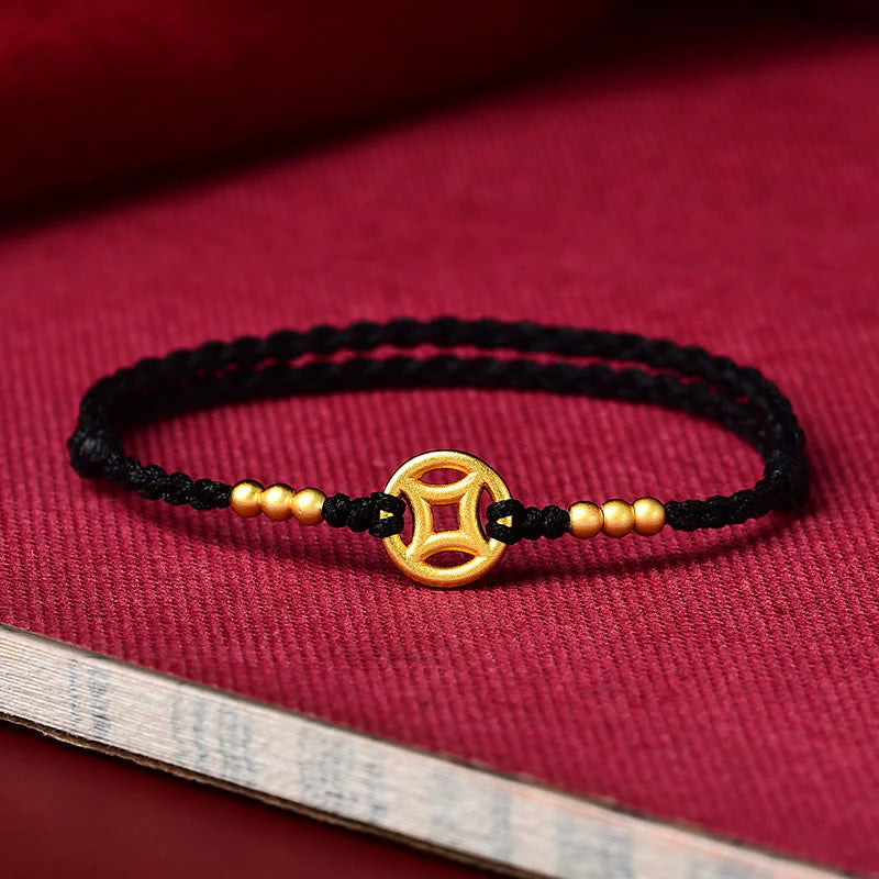 Buddha Stones Copper Coin Strength Braided String Bracelet Anklet