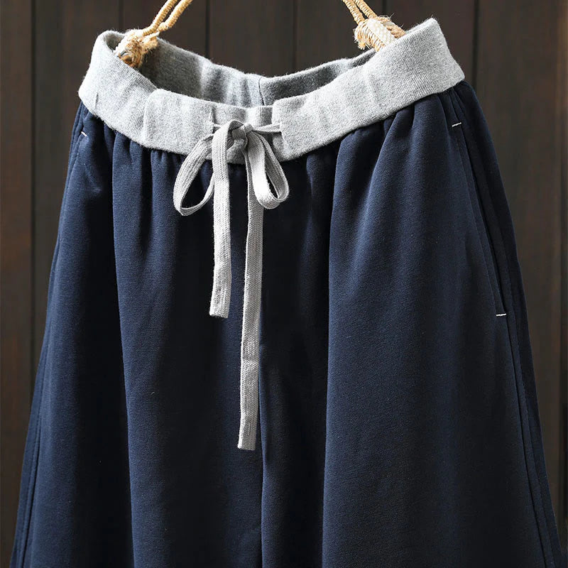 Buddha Stones Fall Solid Color-Blocked Women's Cotton Pants With Pockets