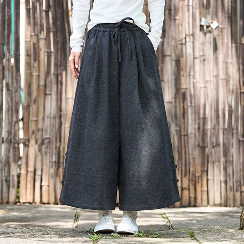 Buddha Stones Winter Chinese Frog-Button Design Corduroy Thermal Men's Wide Leg Pants With Pockets