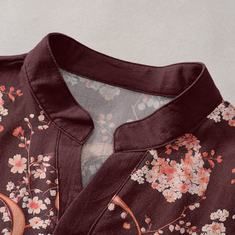 Buddha Stones Cotton Pink Floral Henley Men's Short Sleeve Half Button Shirt