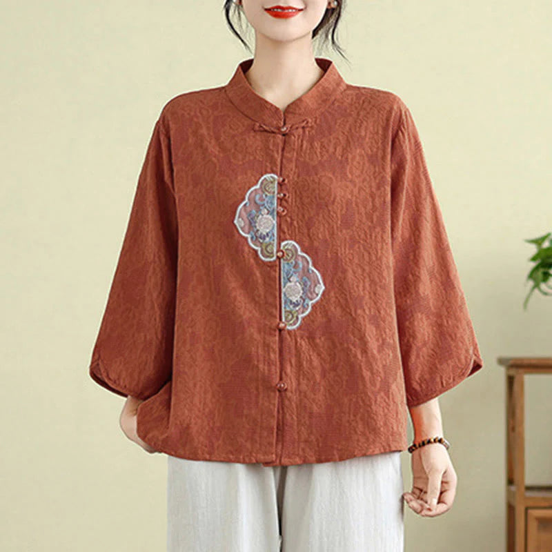 Buddha Stones Flower Embroidery Jacquard Three Quarter Sleeve Frog-Button Cotton Women's Shirt