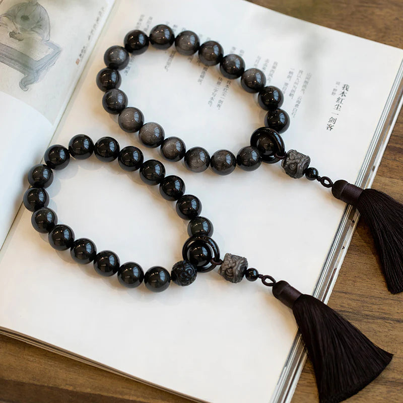 Buddha Stones Natural Silver Sheen Obsidian Black Obsidian Lion Wrist Mala Protection Tassels Pocket Mala Car Decoration
