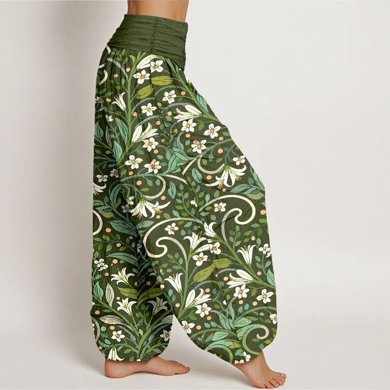 Buddha Stones Pure Cotton Elegant Lily Petal Leaf Pattern Women's Elastic Waist Harem Pants