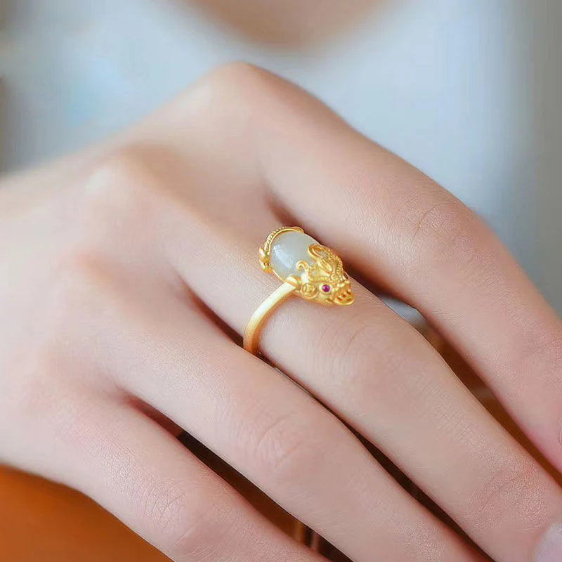 Buddha Stones 18k Gold-plated Pixiu Jade Wealth Ring (Extra 35% Off | USE CODE: FS35)