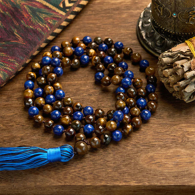 Buddha Stones 108 Beads Natural Stone Tiger Eye Lazurite Lapis Lazuli Mala Tassel Protection Bracelet