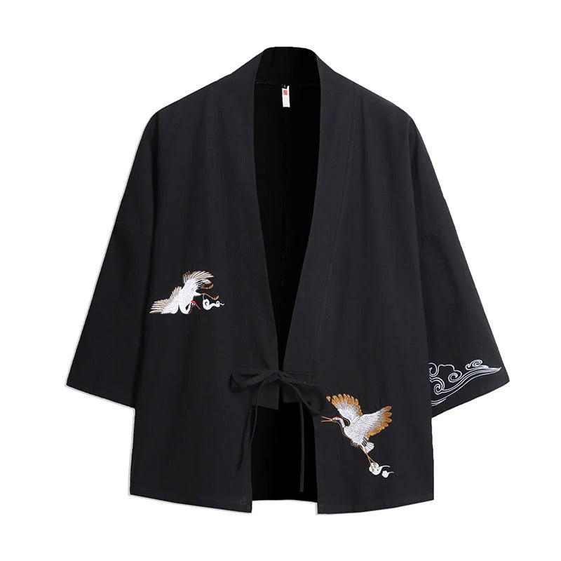 Buddha Stones White Crane Auspicious Clouds Embroidery Three Quarter Sleeve Men's Kimono