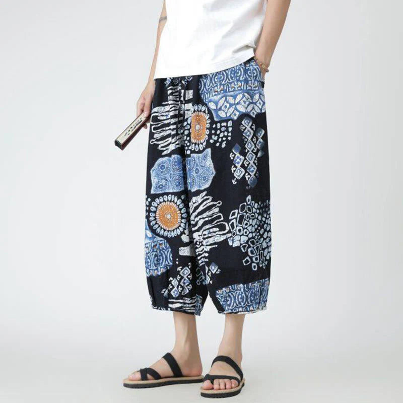 Buddha Stones Summer Square Patchwork Elephant Mandala Geometry Cotton Linen Men's 7-8 Length Pants With Pockets