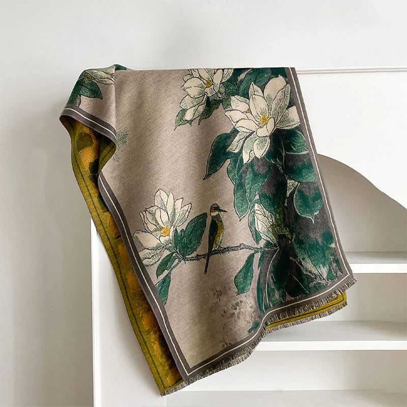 Buddha Stones Winter White Magnolia Flowers Little Bird Pattern Warm Cozy Scarf Shawl