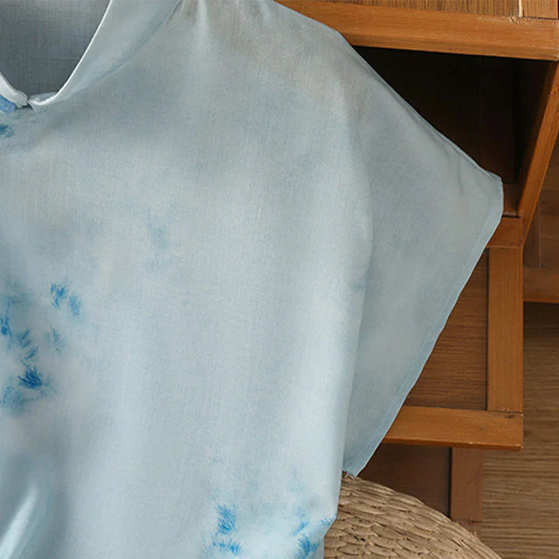 Buddha Stones Light Blue Frog-Button Sleeveless Women's Shirt