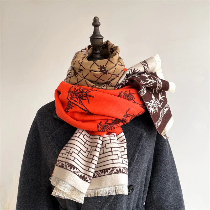 Buddha Stones Winter Bamboo Leaf Little Bird Pattern Cozy Scarf Shawl