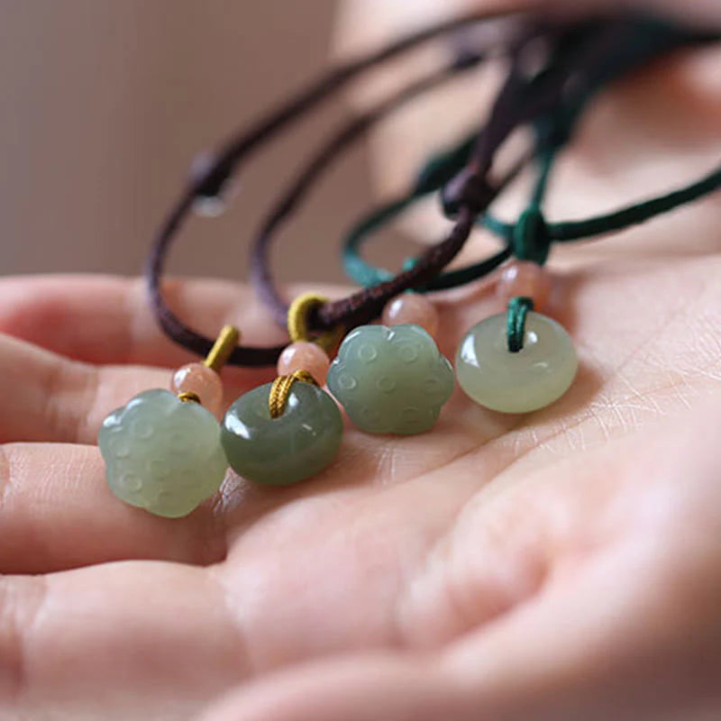 Buddha Stones Natural Round Jade Peace Buckle Lotus Abundance String Necklace Pendant