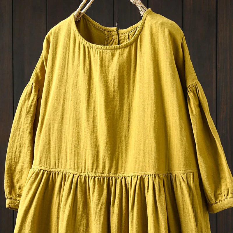 Buddha Stones Summer Solid Color Crew Neck Half Sleeve Cotton Midi Dress With Pockets