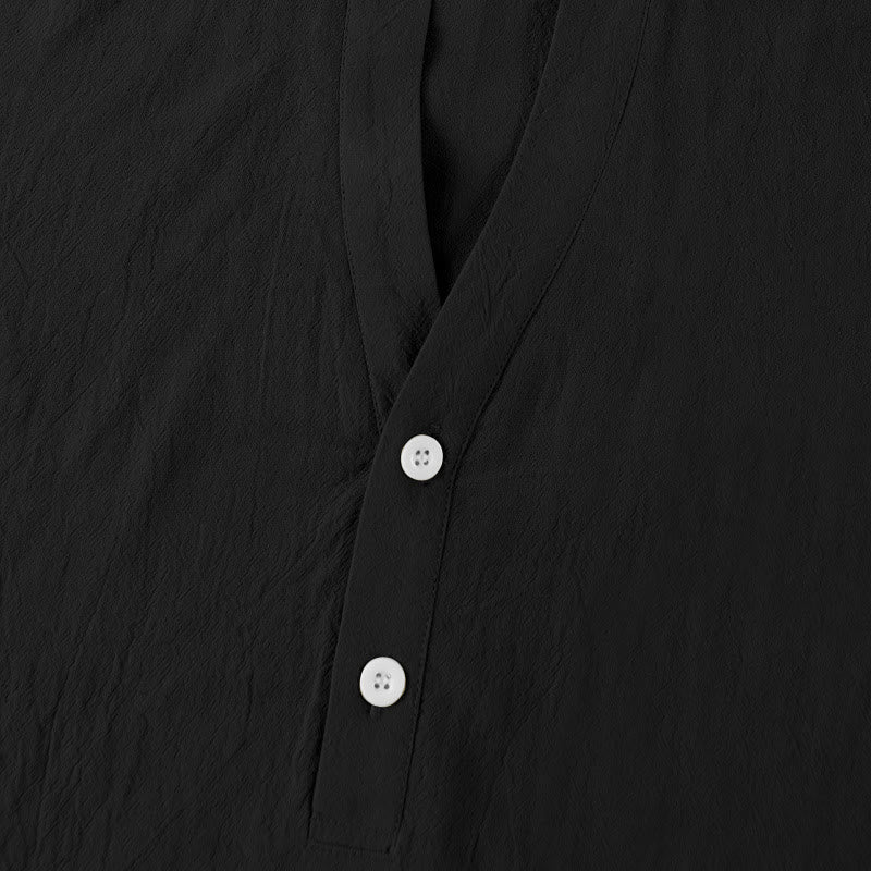 Buddha Stones Solid Summer Short Sleeve Half Buttons Linen Men's Shirt