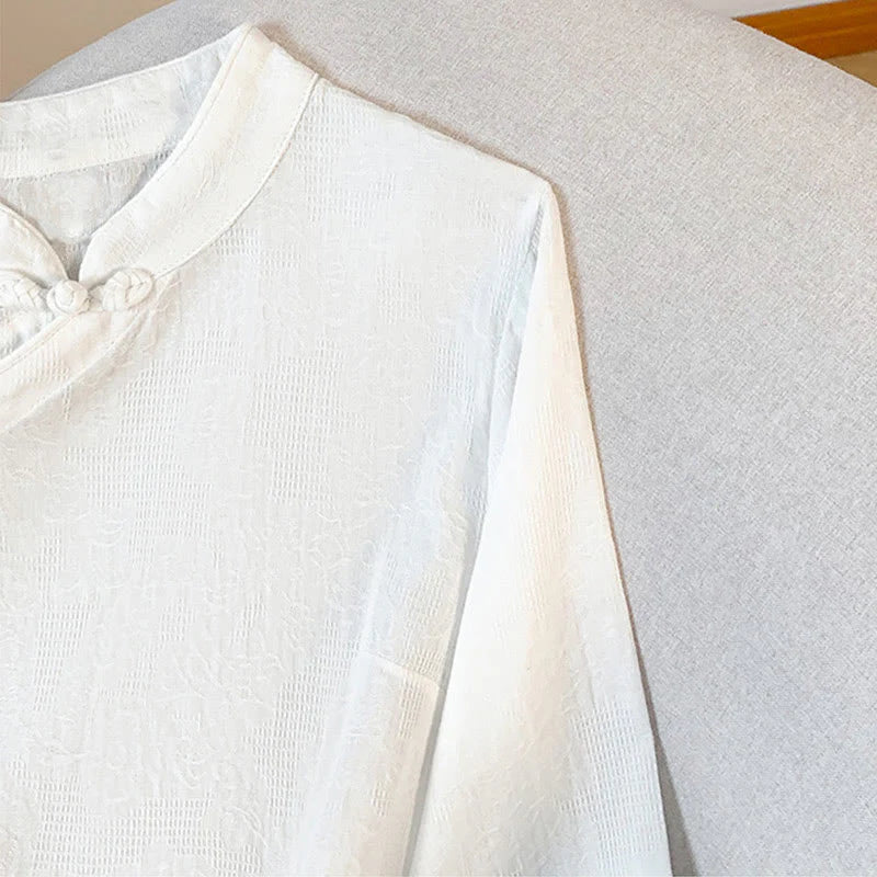 Buddha Stones Commute Jacquard Chinese Frog-Button Mandarin Collar Long Sleeve Women's Cotton Shirt