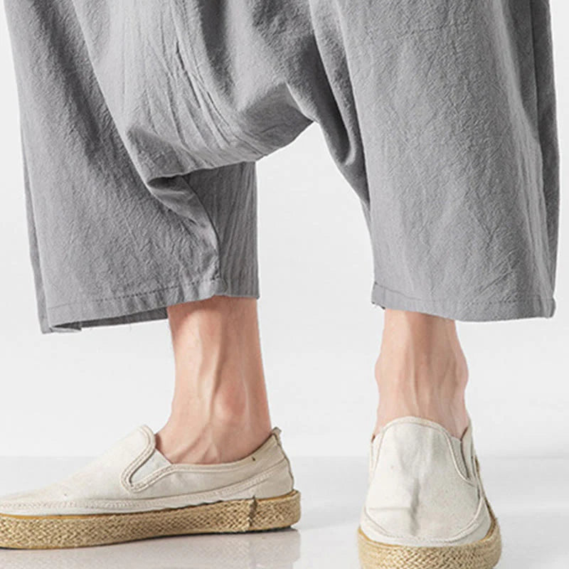 Buddha Stones Casual Low Crotch Design Drawstring Men's 7-8 Length Cotton Linen Wide Leg Pants With Pockets