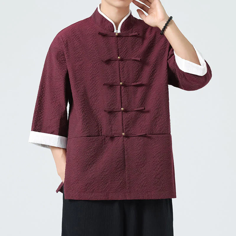 Buddha Stones Spring Solid Color Three Quarter Sleeve Tang Suit Men's Buttons Shirt With Pockets