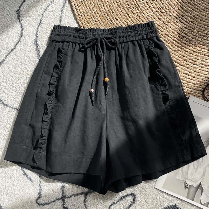 Buddha Stones Summer Drawstring Ruffle Elastic Waist Women's Shorts With Pockets