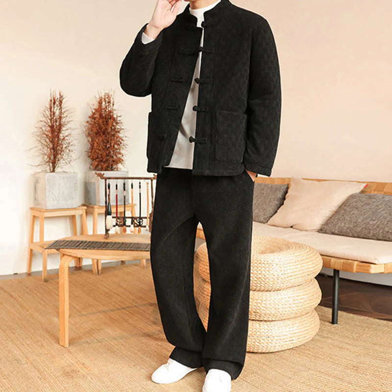 Buddha Stones 2Pcs Winter Solid Men's Tang Suit Frog-Button Cotton Long Sleeve Jacket Pants Set With Pockets