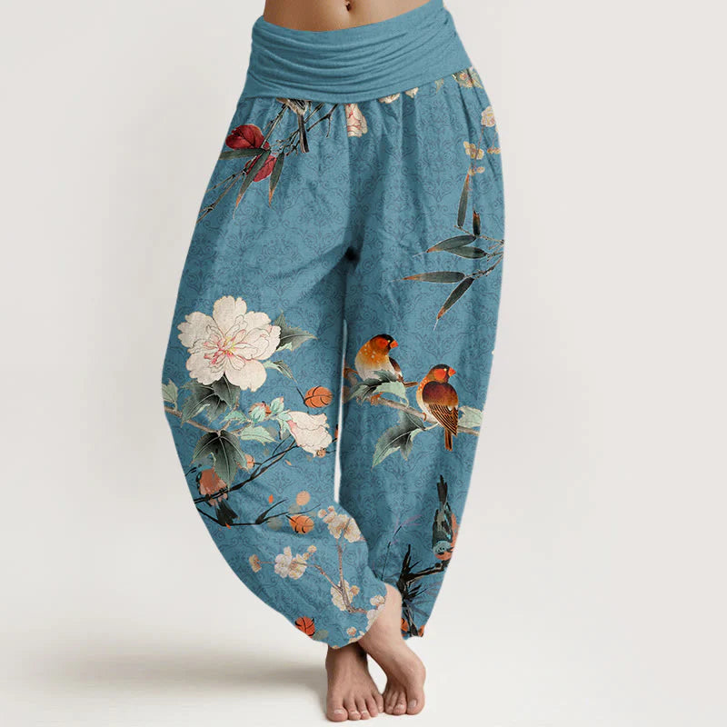 Buddha Stones Cotton Warbler Bird Blooming Flower Branches Mandala Pattern Women's Elastic Waist Harem Pants