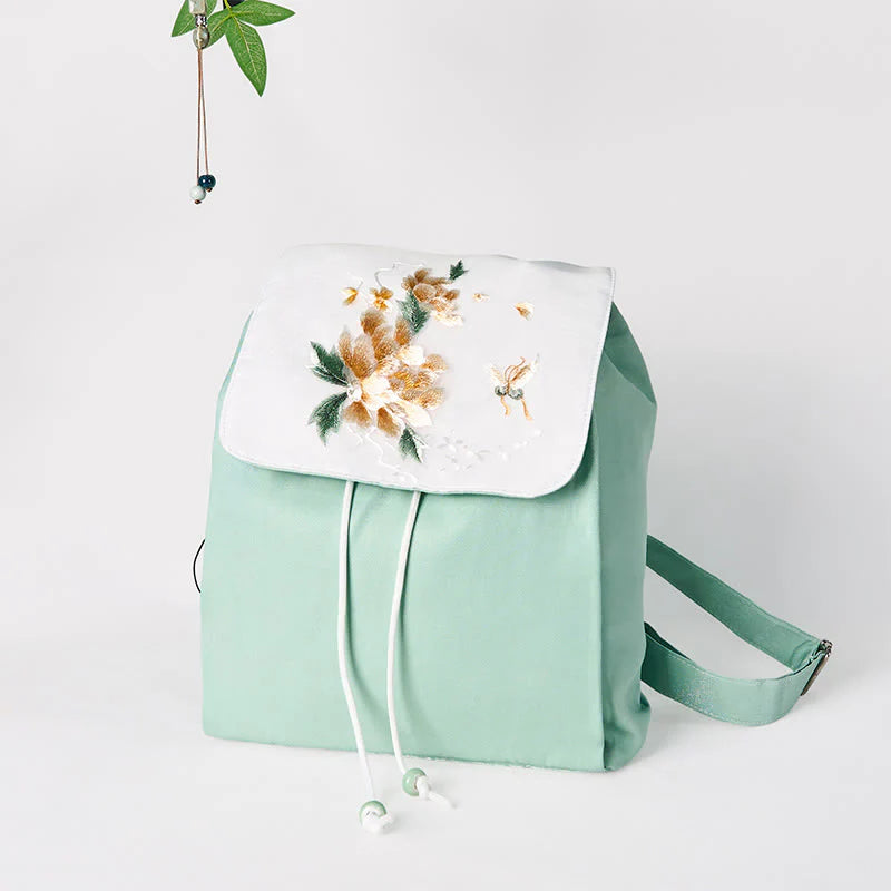 Buddha Stones Handmade Green Peony Flowers Embroidered Large Capacity Canvas Backpack