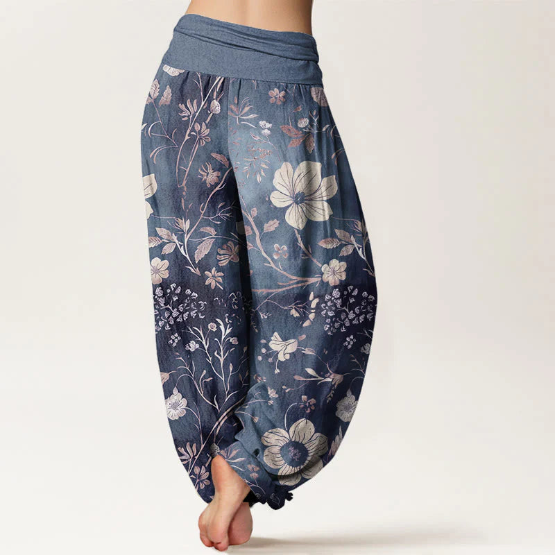 Buddha Stones Cotton White Flowers Winding Vines Pattern Design Women's Elastic Waist Harem Pants