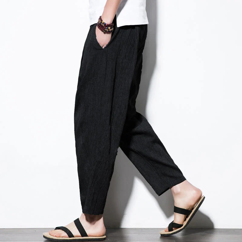 Buddha Stones Casual Plain Pleated Design Drawstring Men's Long Cotton Linen Harem Pants With Pockets