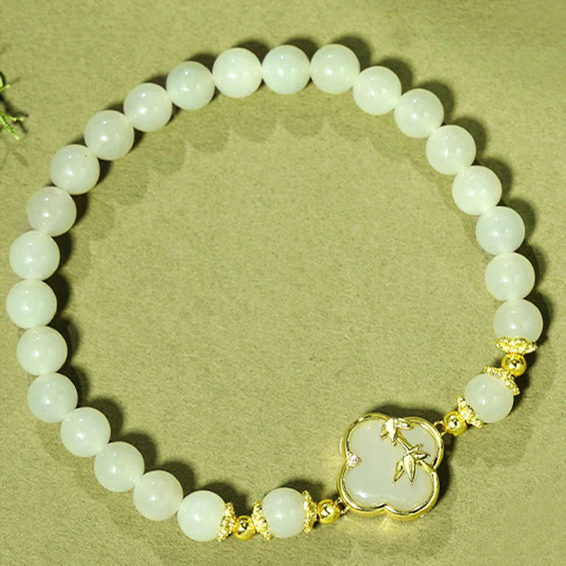 Buddha Stones Hetian Jade 925 Sterling Silver Four Leaf Clover Bamboo Luck Bracelet