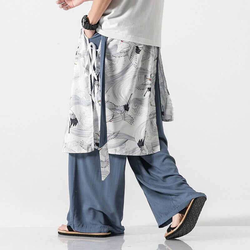 Buddha Stones Summer Flying Crane Design Cotton Men's Wide Leg Pants With Pockets