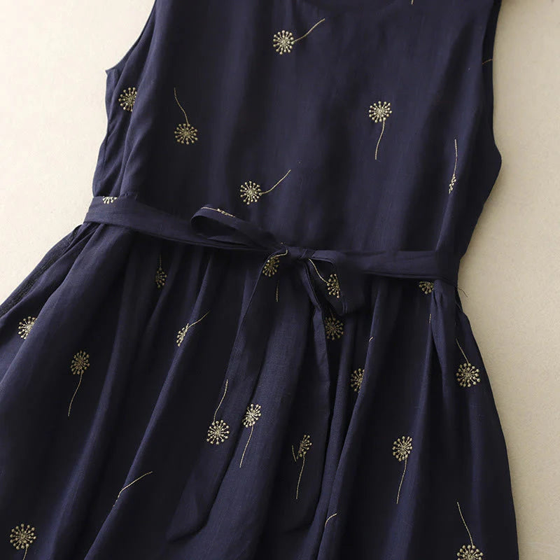 Buddha Stones MidnightBlue Printing Lace-Up Design Sleeveless Cotton Midi Dress With Pockets