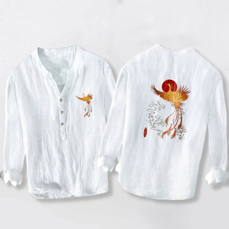 Buddha Stones Phoenix Clouds Red Sun Pattern Half Buttons Men's Cotton Linen Long Sleeve Shirt